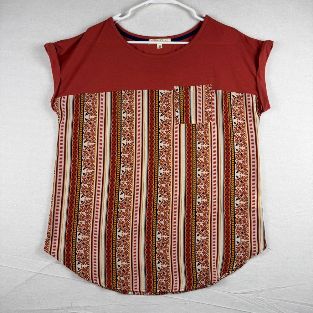 Rewind Womens XL Rust Orange Striped Boho Mixed Media Pocket Top NK27744U2